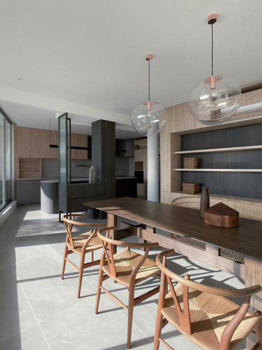 dP Apartment House / Tristan & Ju - Interior Photography, Kitchen, Wood, Table, Lighting, Chair, Glass