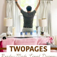 Man hanging drapes in front of a window. Text says: Twopages ready-made lined drapery review.